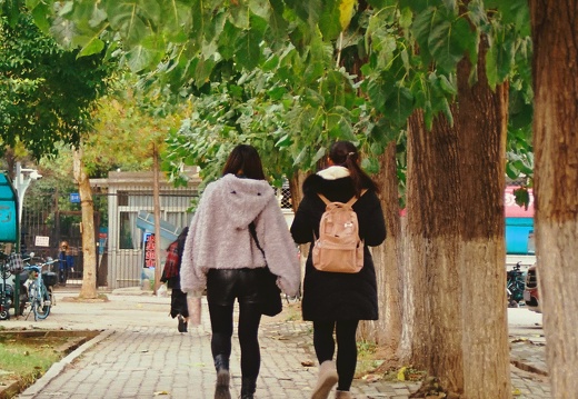Two girls walking in school